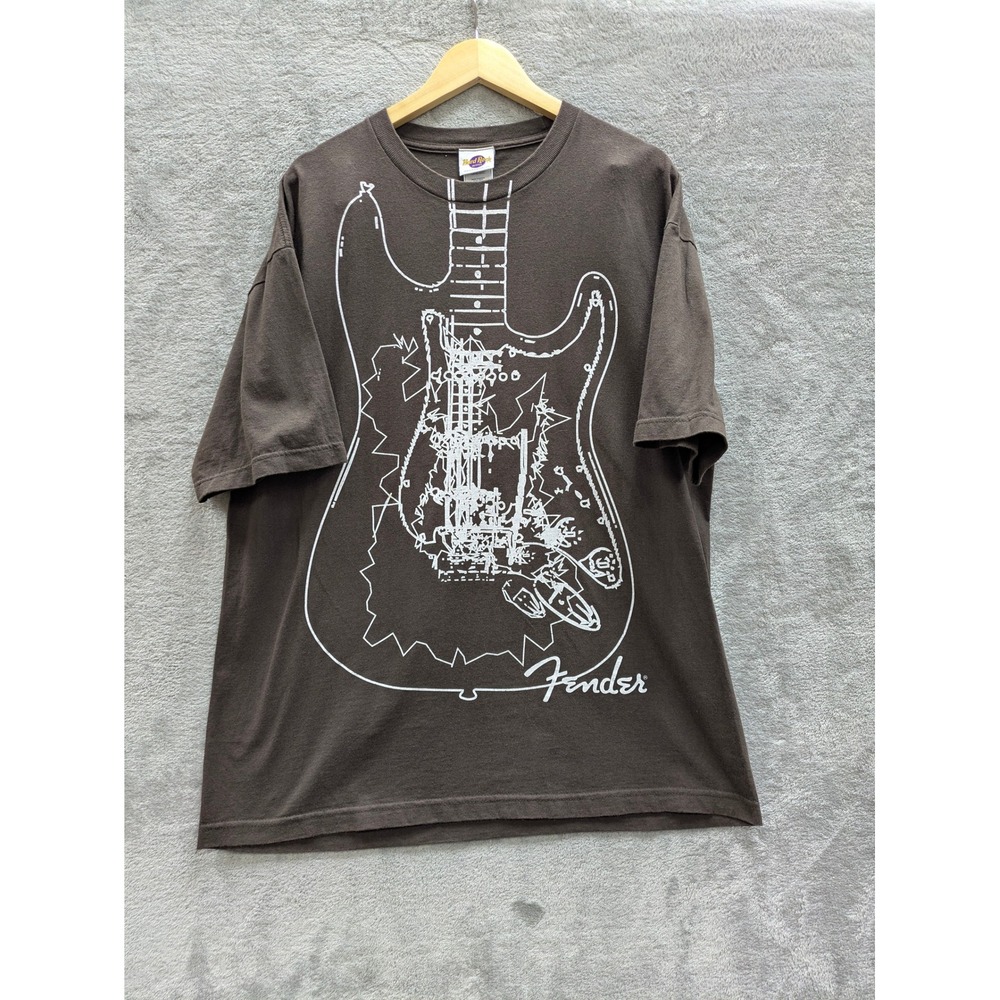 Grunge Fender Guitar Graphic T-Shirt Mens XL Hard Rock Hotel Brown Short Sleeve